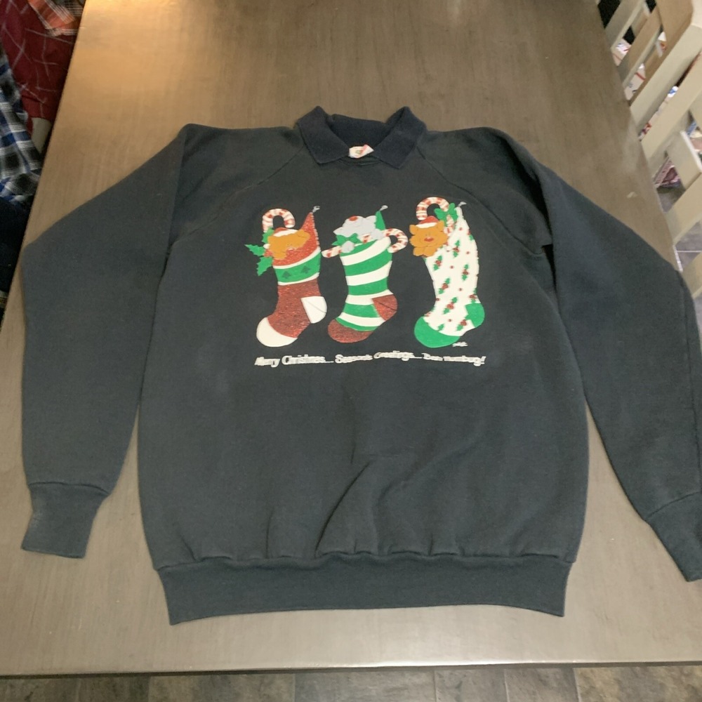 Vtg Cat Stocking Christmas Sweatshirt Women's XL Double Collar Cotton Bah Humbug